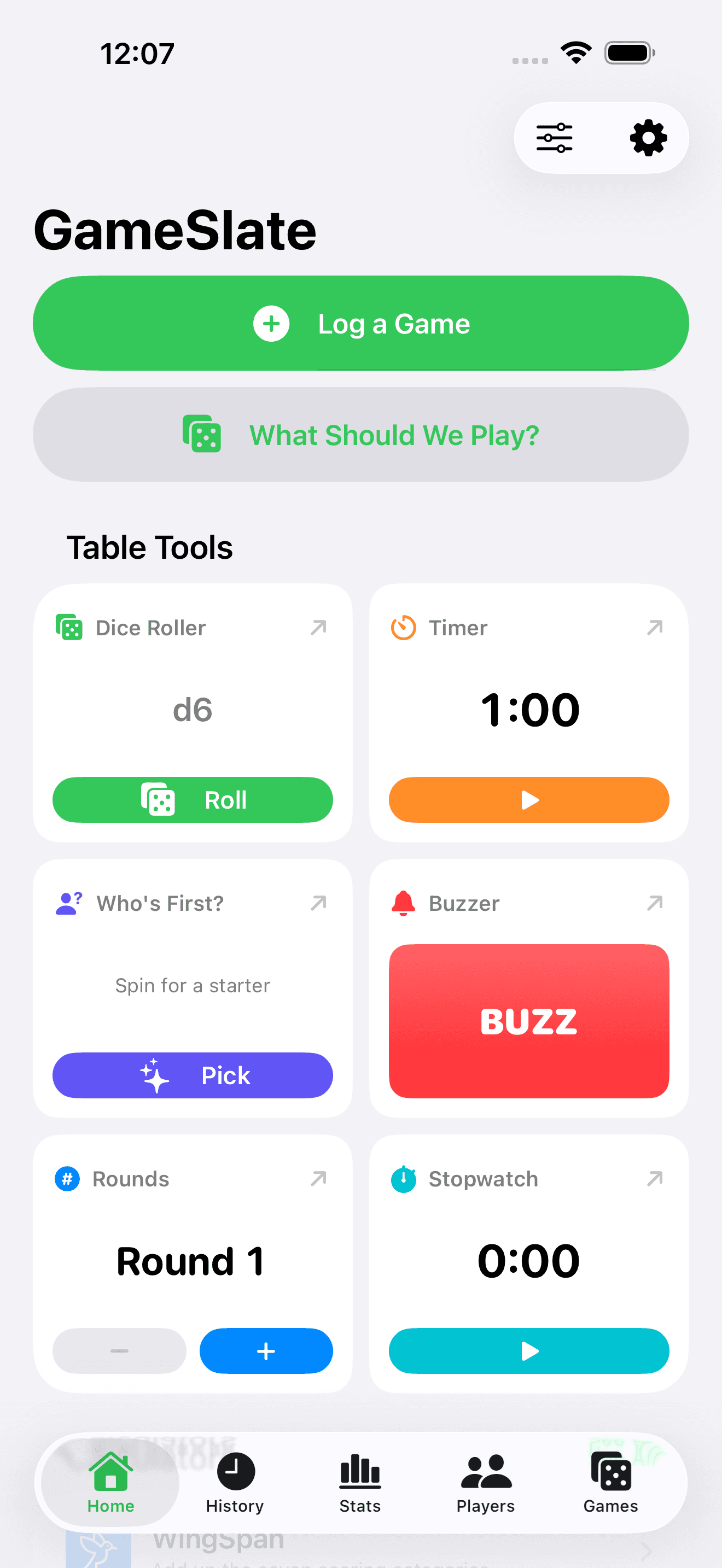 GameSlate home screen on iPhone with the What should we play? chooser and table tools — dice roller, timer, buzzer and stopwatch