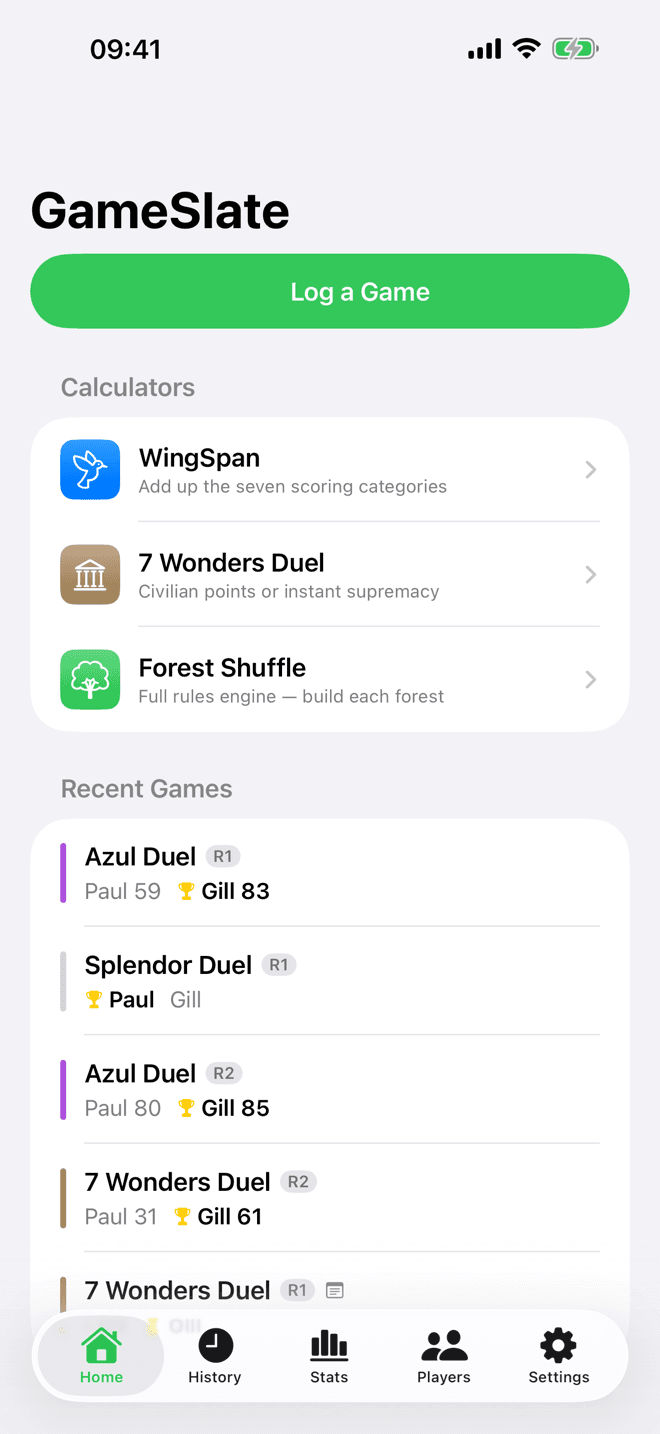 GameSlate home screen showing game calculators and recent games